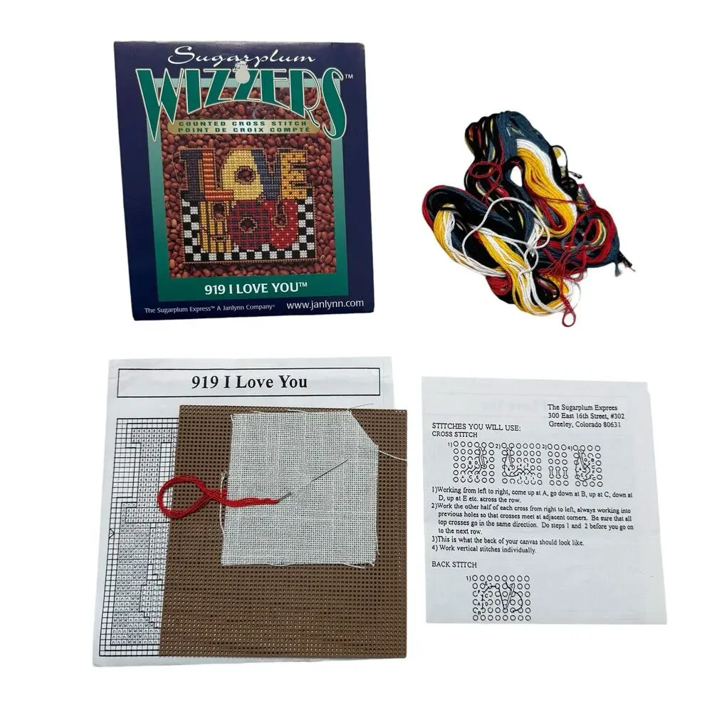 Vintage JANLYNN Sugarplum Wizzers I Love You Counted Cross Stitch Kit #919 2000